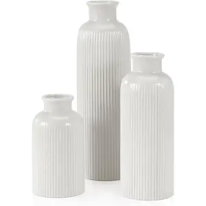 Small White Ceramic Vase Set of 3, Boho Modern White Flower Vase Room Decor, Farmhouse Decor, Vases for Your Kitchen, Bathroom, Bedroom, Living Room, Office&Shelf Centerpiece Table Decorations