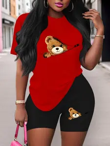 [Plus Size] Bear Print Fitted Short Sleeve Tee & Skinny Shorts Set, Casual Round Neck T-shirt & Short Leggings, Women's for Summer, Womenswear Clothes Lady, Casual Fashion Set, Casual Outfit Set