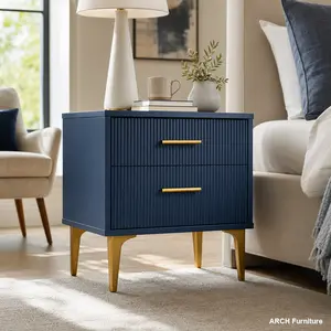2-Drawer Fluted Texture Minimalist Nightstand - MDF Cozy Bedroom Bedside Table with Golden Metal Handles, High Legs, Smooth Finish, Easy Setup, Blue Indoor Furniture for Studio Apartments, Two Drawers