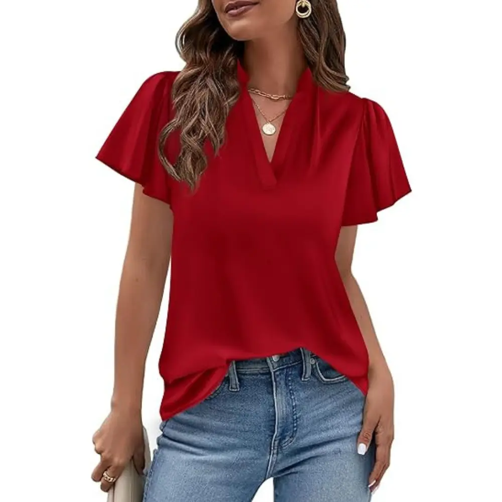 PRETTYGARDEN Women's Summer Satin Blouses Dressy Casual Ruffle Cap Sleeve V Neck Business Work Cute Tops Spring Outfits