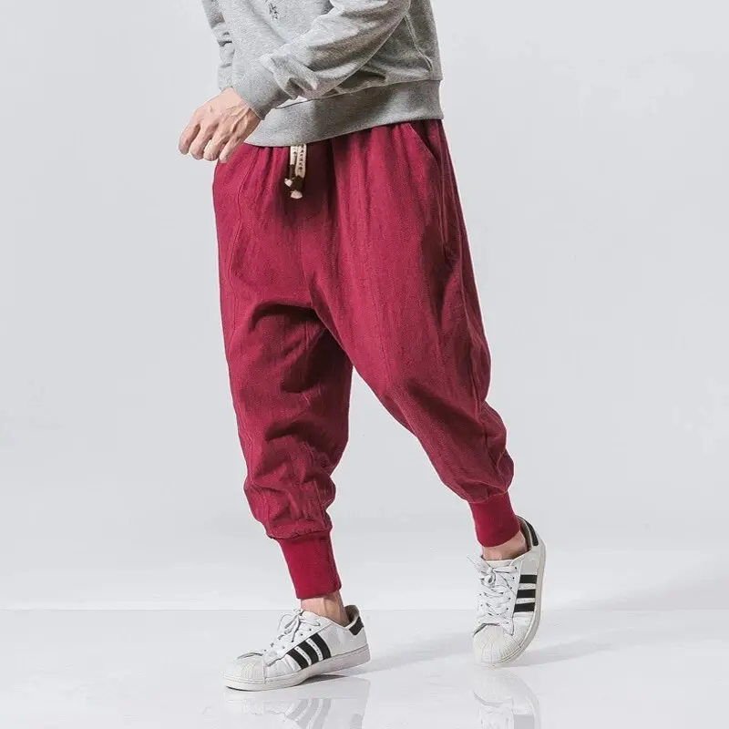 Cotton Linen Harem Pants Men Solid Elastic Waist Streetwear Joggers New Baggy