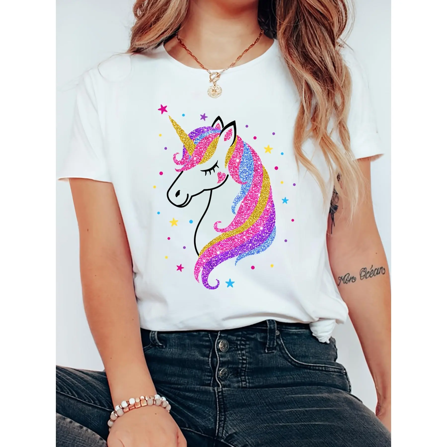 Women's Casual Unicorn Glitter Graphic T-Shirt - Loose Fit Summer Top with Rainbow Mane & Stars Design, Breathable Round Neck Tee for Casual Attire, Machine Washable Shirt, Nontransparent Fabric, Medium Stretch Shirt