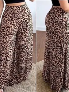 Women's Plus Size High Elasticity Animal Print Tight Pants, Loose-Fitting Jumpsuit, Leaf Pattern, Casual Fashion Womenswear