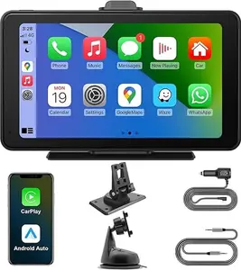 cogamichi Portable Car Stereo with Apple Carplay&Android Auto, 7 Inch HD IPS Touch Carplay Screen for Car Plug in, Wireless Carplay Dash Mount with Bluetooth, GPS Navigation, Mirror Link, Siri Voice