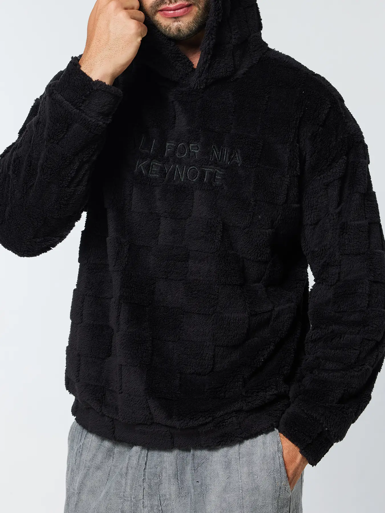 Men's Letter Embroidery Fuzzy Hoodie, Regular Fit Casual Fitted Comfy Long Sleeve Hooded Sweatshirt for Fall & Winter, Men's Clothes for Daily Wear