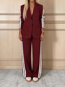 Women's Casual Loose Fit Long Sleeve Patchwork Blazer Set, New Arrival Single Button Suit for Autumn Office Commute, 2 Piece Jacket, Chic, Womenswear