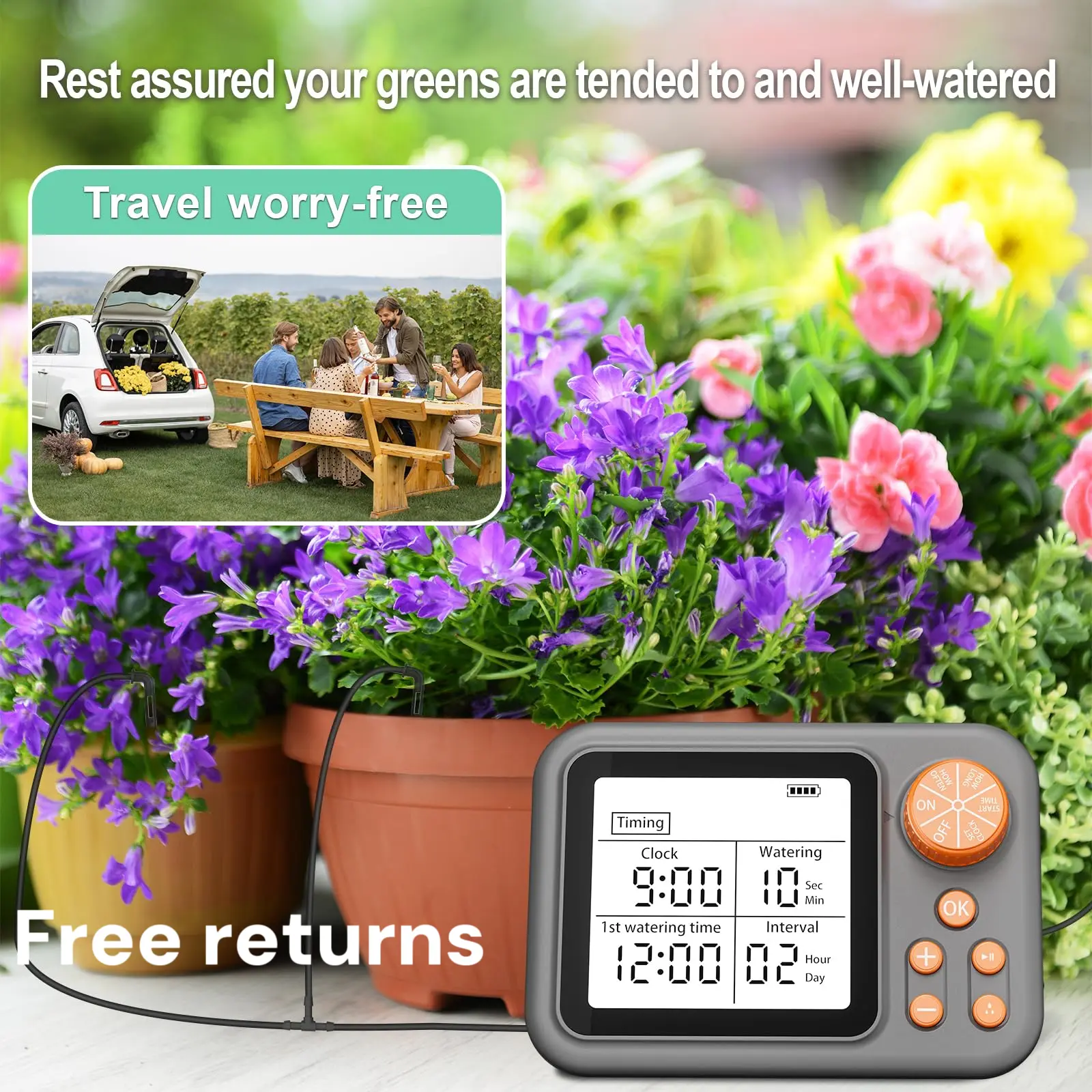 Automatic Garden Drip Irrigation Kit for 15 Pots - Indoor Plant Watering System with Timer, Humidity Sensor, Rechargeable USB-C Battery, Batteries Backup, 1000ml/min Flow - Ideal for Travel, No Daily Manual Effort, Rechargeable Battery