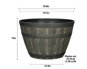 Whiskey Barrel Brown Resin Planter, 19.9in x 19.9in x 13in