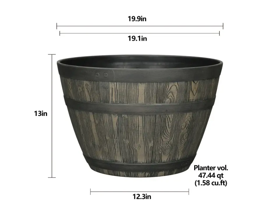 Whiskey Barrel Brown Resin Planter, 19.9in x 19.9in x 13in