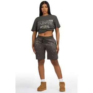 Porsha Charcoal Rhinestone T-Shirt Short Set