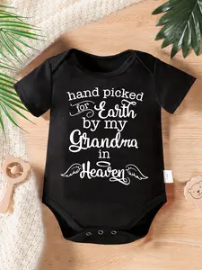 Cute Baby Bodysuit With Hand Picked For Earth By My Grandma In Heaven Print Soft Versatile Round Neck Button Detail Regular Fit All Seasons Knitted Fabric Onesie For 0-12 Months