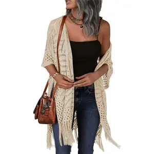 Womens Knit Cardigan Open Front Outwear Hollow Out Crochet Tassel Lightweight Kimonos Sweater S-XXL