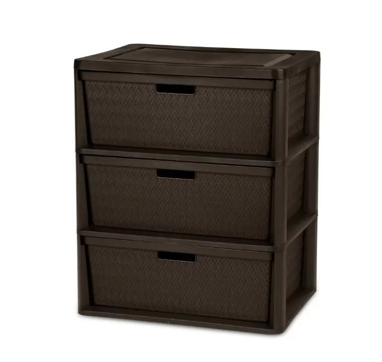 3 Drawer Tower Easy to Assemble with Removable Decorative Cross-Weave Plastic Drawers Tool-Free Brown Storage Unit