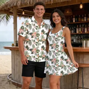 Tropical Floral Hibiscus Monstera Leaf 2026 Vacation Couple Set Sleeveless Dress and Hawaiian Shirt, Aloha Shirt Matching Couple Set, Beach Trip Summer Holiday Idea | 090426.R3090.ID00