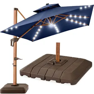 Best Choice Products 10ft Square Woodgrain Pattern 2-Tier Outdoor Solar LED Cantilever Umbrella w/ Base