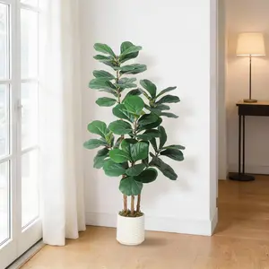 【GARVEE】Lifelike Artificial Fiddle Leaf Fig Tree – Realistic Faux Ficus Lyrata with Natural Wood Trunk & Bendable Leaves – Decorative Modern White Planter – Perfect Home & Office Decor – 4FT