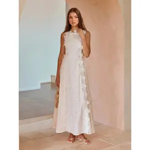 2026 Elegant Crochet Eyelet White Maxi Dress Halter Neck Sleeveless Bridal Shower Dress with 3D Floral Embroidery & Adjustable Straps - Beach, Fabric Heavy-Duty Designer Style