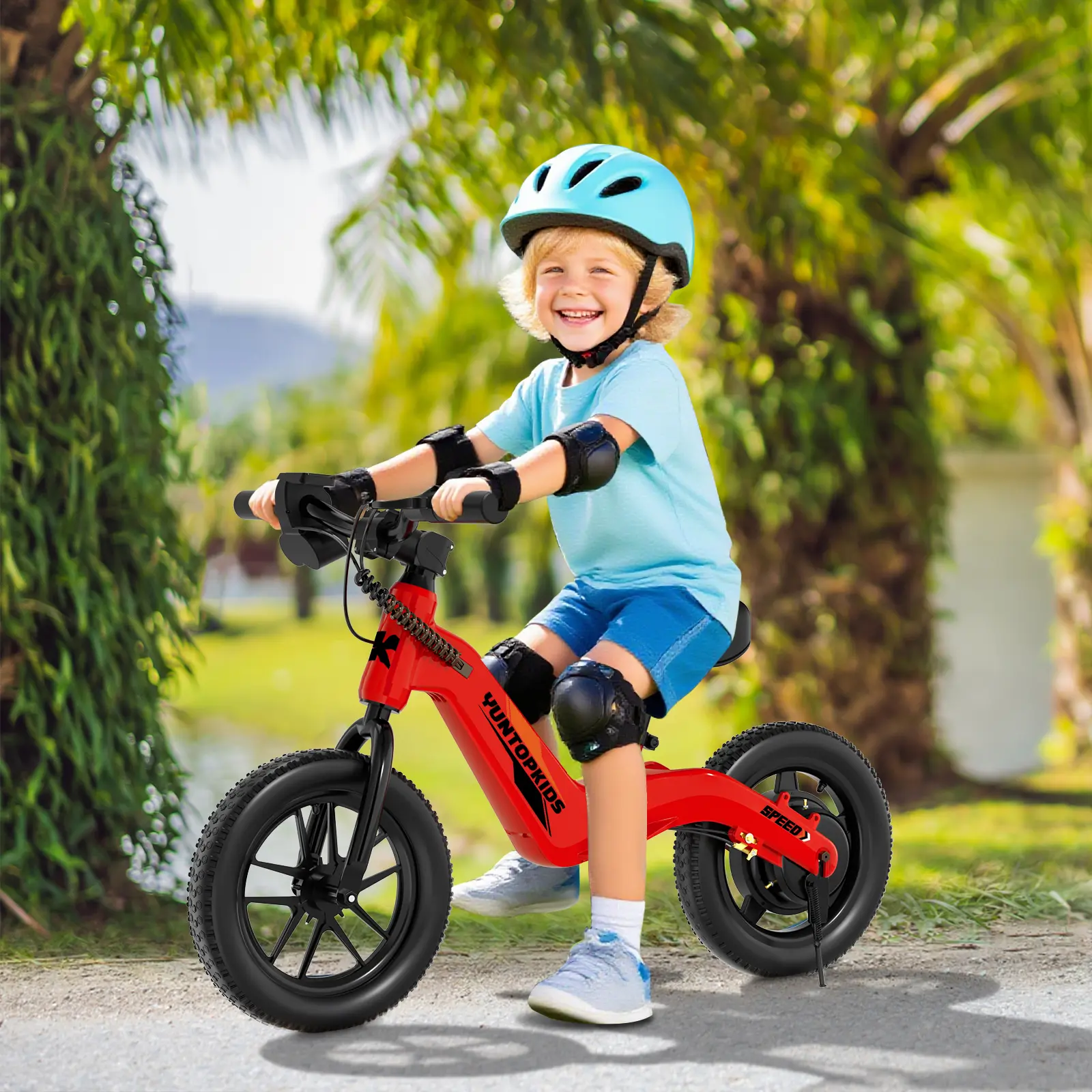 YUNTOPKIDS Electric Balance Bike for Kids, 150W 12in Tire Outdoor Play Toy with 14.55 lbs Lightweight Design, Batteries, Kick-Off Start, 3 Speed Modes, Rear Disc Brake, Adjustable Seat for Ages 3-5 (Up to 5.6 mi, Red)