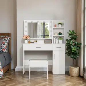 Kullavik Vanity Desk Set with Large Mirror and Storage Stool, Makeup Table with 3 Lighting , 2 Drawers, Cabinet and Open Shelves for Modern Bedroom, White