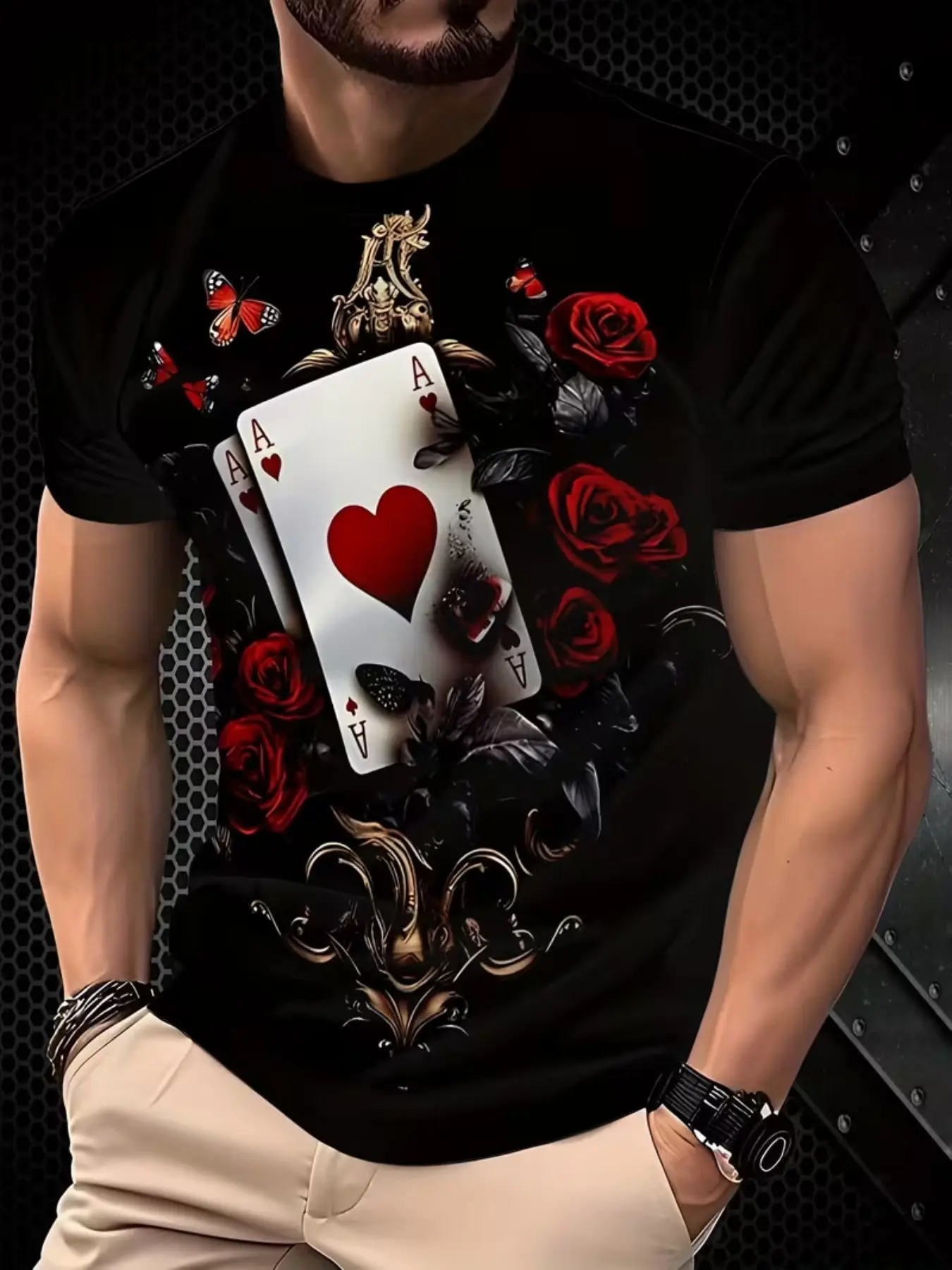 Men's Rose Poker Print Short Sleeve T-Shirt, Gothic Style Summer Breathable Casual Tee, Fashion All Seasons Fitted Long Top, Menswear, Streetwear