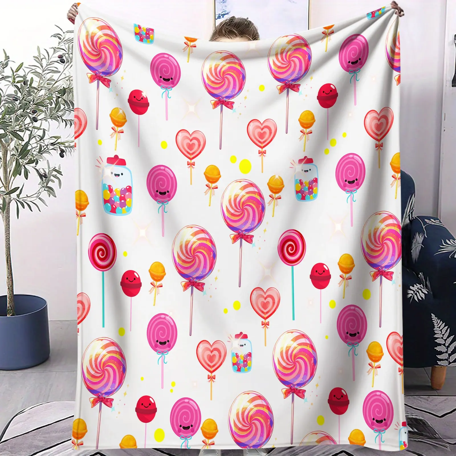 Macaron Candyland Flannel Blanket, Heart Lollipop Fun Print Throw, Thick Warm Nap Blanket for Bedroom and Living Room Decor