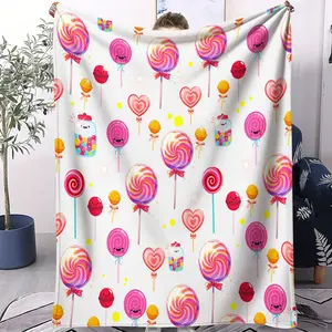 Macaron Candyland Flannel Blanket, Heart Lollipop Fun Print Throw, Thick Warm Nap Blanket for Bedroom and Living Room Decor