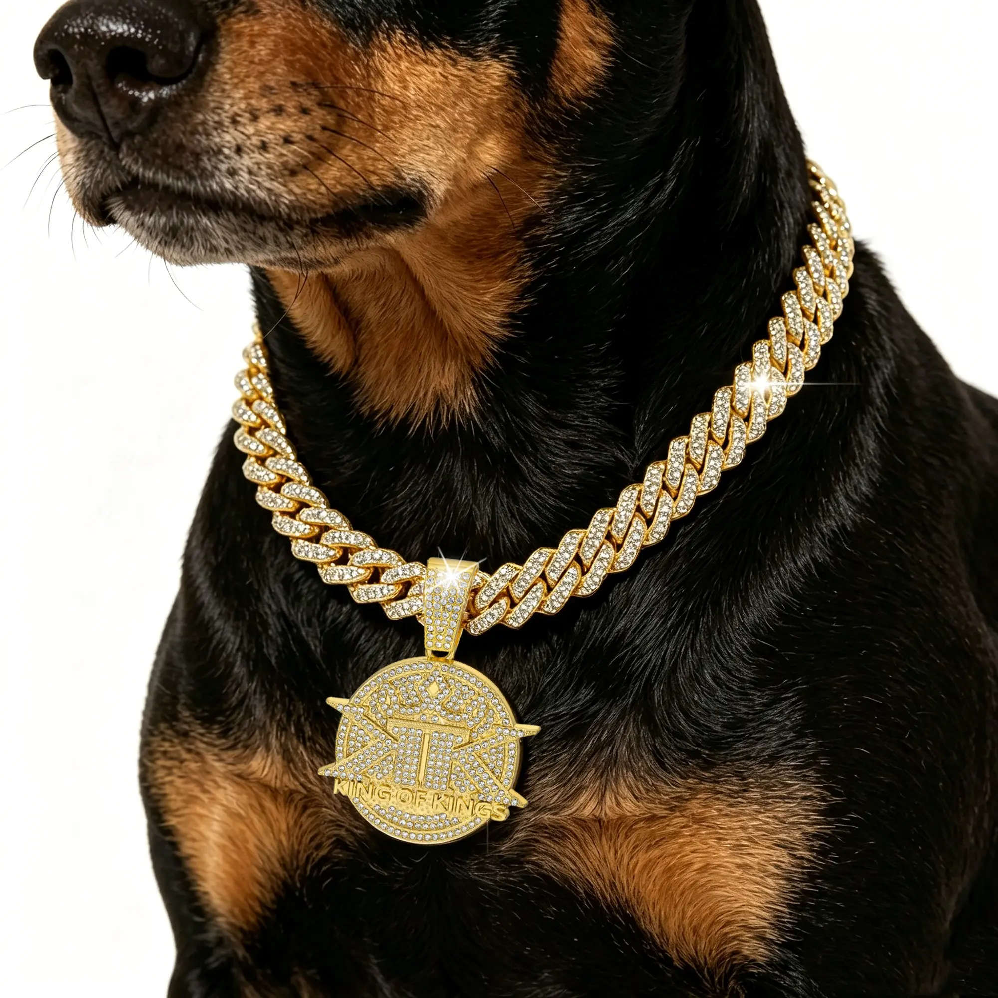 Iced King of Kings Pendant Cuban Link Dog Collar Gold Hip Hop Pet Bling Necklace 18/20/24 Inch for Small Medium Large Dogs