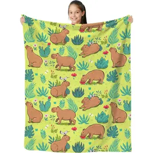 Funny Capybara Flannel Blanket Cute Animal Green Leaves Aesthetic Soft Warm Throw For Gamer Room Decor Dorm Essential Bed Sofa Home Holiday Gift