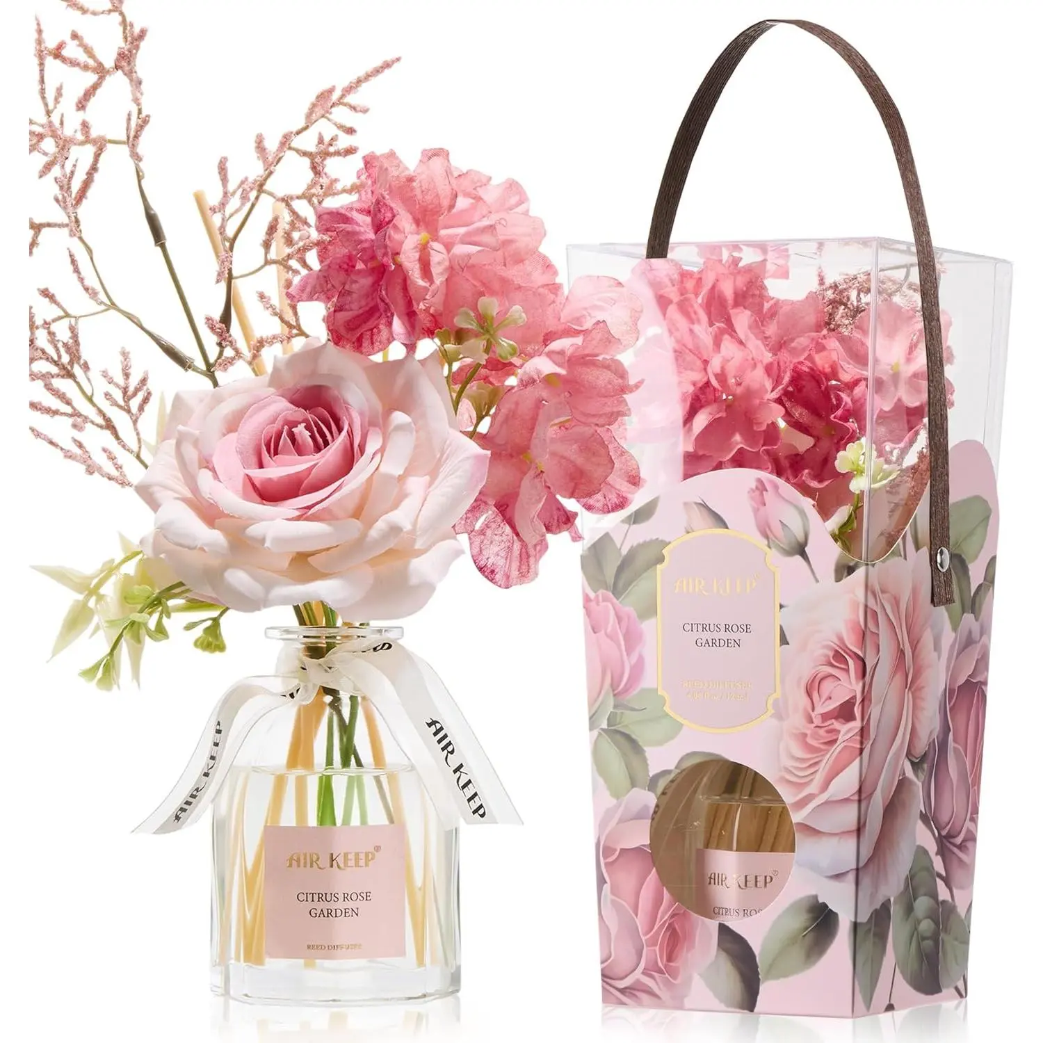 Airkeep Flower Reed Diffuser Set, Citrus Rose Garden Diffuser Gift Set,4.06 fl oz Essential Oil Sticks Diffusers for Bathroom Air Freshener, Aromatherapy Home Fragrance for Shelf Decor,Gift for Women
