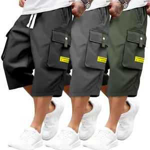 3-piece set — men’s color-block cargo shorts — casual cargo style with a drawstring waist, large pockets, and letter patches; solid color, regular fit, suitable for everyday wear and outdoor activities
