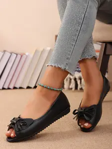 New Women's Fish Mouth Flat Shoes with Bow Tie Buckle, One-Step Slip-On Lightweight Soft Comfort, Casual Fashion All Season Wear