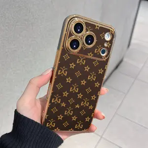Brown gold color scheme Phone Case Imitation Liquid Silicone Soft Cover with Wristband Kickstand for iPhone 17 16 15 14 13 12 11 Pro Max Plus Shockproof Protective Bumper Cute 3D Curly Edge Abstract Heart Pattern Trendy Aesthetic Gift for Women shar