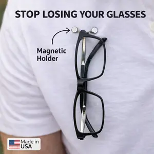 Magnetic Glasses Holder - 1 Stainless Steel + 1 Black - 2 Pack - Readerest | Secure Magnetic Clip for Readers, Sunglasses, Blue Light Glasses, Safety Glasses and Earbuds | Hands Free Eyeglass Clip, Made in USA