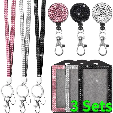 3-Set Value Pack Hand-Set Diamonds ID Badge Holders - 3-Card Holder, Retracts to 9in ID, Adjustable Breakaway Lanyard, Cute Retractable Badge Reels, for Keys/Name Tags, Teacher Gifts (Home Improvement, Building Supplies)