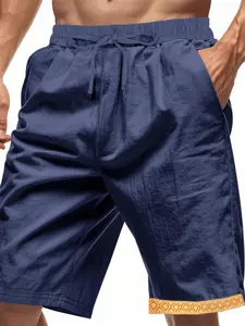 Men's Plain Lightweight Linen Shorts, Comfortable Loose Fit, Casual Style, Patterned Hem, Ideal for Everyday Wear