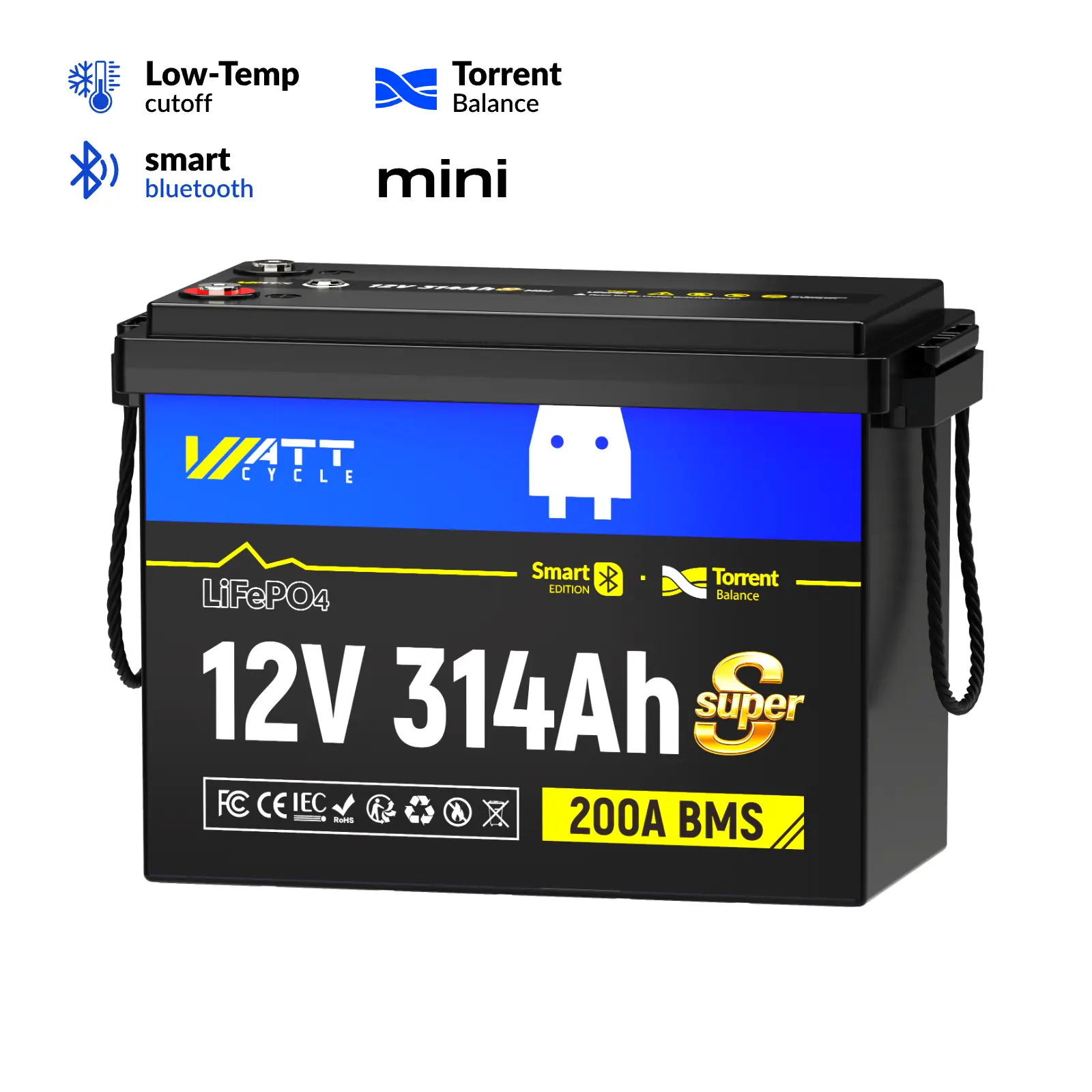 WattCycle 12V 314Ah Bluetooth Mini Super LiFePO4 Battery System Power Supplies - 314Ah Capacity, Active Balance, DIY Serviceable for DIY Enthusiasts, Quick-Demountable