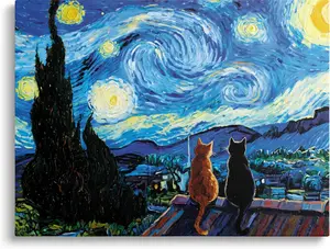 Starry Night Cat Canvas Art, Van Gogh Black Cat & Orange Cat Painting – Vintage Abstract Aesthetic Print for Farmhouse, Living Room, Bedroom, and Office Wall Decor
