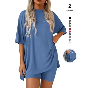 Cozy Mama Lounge Set, Women's 2-Piece, Crew Neck Oversized T-Shirts, Comfortable Home Wear, Perfect for Relaxing at Home Loungewear Nightwear Womenswear Homewear # Women'sClothing # Women'sSets # SummerOutfits # Vacation # Travel # summervibes