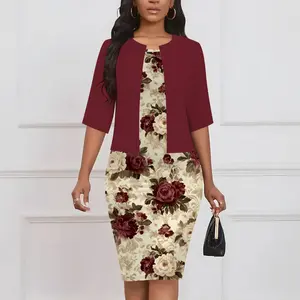 Women's Elegant Set Solid Color Cardigan Short Sleeve Jacket & Floral Print Suspender Dress Two-Piece Set for Garden Parties Summer Casual Chic Crewneck