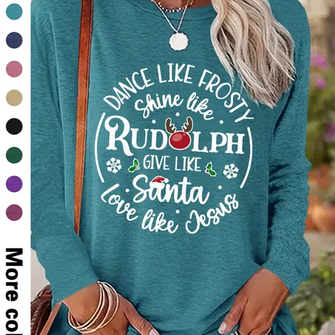 Women's Christmas Letter Print Drop Shoulder Tee, Casual Long Sleeve Round Neck Pullover for Daily Wear, Ladies Fall & Winter Clothes