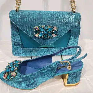 Italian Shoes and Bag Sets Size 39 - Blue Embellished Heels with Matching Chain Strap Bag