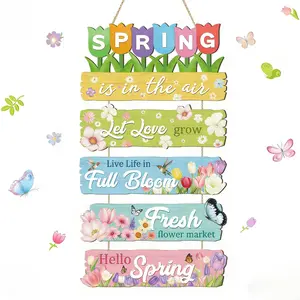 Spring Door Decor Hanging Signs Set, Welcome Sign Front Door Floral Butterfly Wall Plaque, Wooden Board for Home Garden Farmhouse Outdoor Decoration