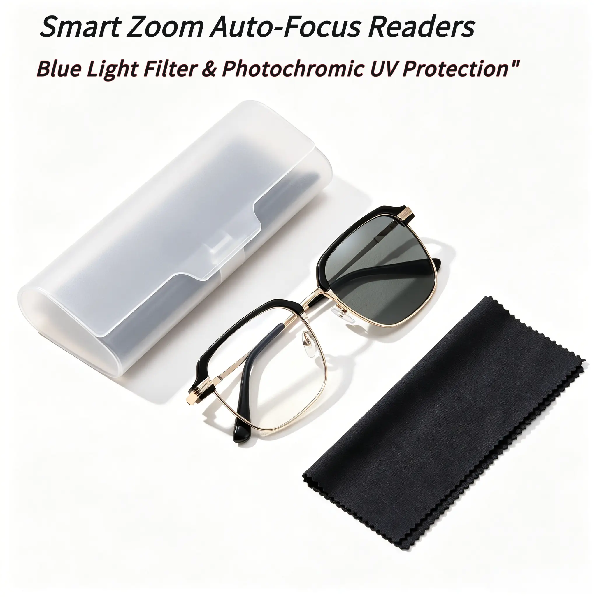 Auto Focus Reading Glasses for Men & Women - Black with Gold Frame, Intelligent Zoom, Anti-Blue Light, Photochromic Transition Lenses, UV Protection, Eye Strain Relief, Stylish Rectangular Eyewear, Holiday/Birthday Gift for Parents