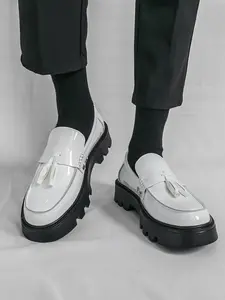Men's Spring Autumn Thick Sole Rubber Lacquer Loafers, Fringe High-End Walking Shoes Anti-Slip Height-Increasing Shoes, Trendy Youth Commuter Footwear