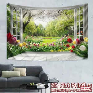 1pc 2D Flat, Spring Garden View Window Scene - Printing, Vibrant Tulip & Cherry Blossom Landscape, 100% Polyester Photography Backdrop for Home Decor, Parties, and Celebrations, No Electricity Needed, Garden De