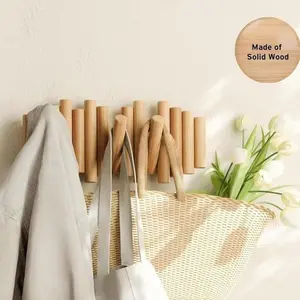 Wall-Mounted Coat Rack 14.7" | Solid Wood Natural Pine Coathanger with 5 Flip-Up Hooks | Space-Saving Design for Entrance Hall Bedroom or Office | Easy Installation