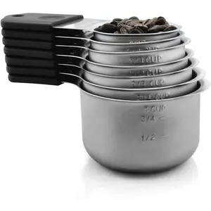 Measuring Cups Set, 7 Pieces 18/8 Stainless Stackable Nesting Measure Cups, Handle for Dry and Liquid Ingredients, Dishwasher Safe (Black)