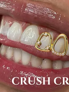 CRUSH CR 1pc 18K Gold Plated Copper Dual-Tooth Grillz, Triangle & Teardrop Design with CZ Stones, Gold/Silver Options, Unisex Hip-Hop Tooth Jewelry For Black Women, Girls & Men, Suitable For Parties, Street Fashion & Daily Wear, Tooth Gem