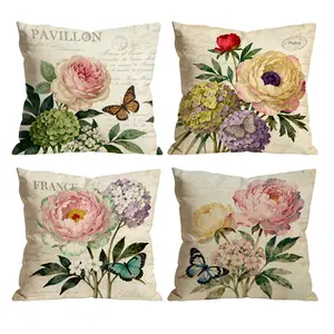 French Vintage Flower Throw Pillow Covers Set of 4 | Peony Hydrangea Butterfly Cushion Covers for Farmhouse Cottage Car Bedroom Sofa Decor 0513YE