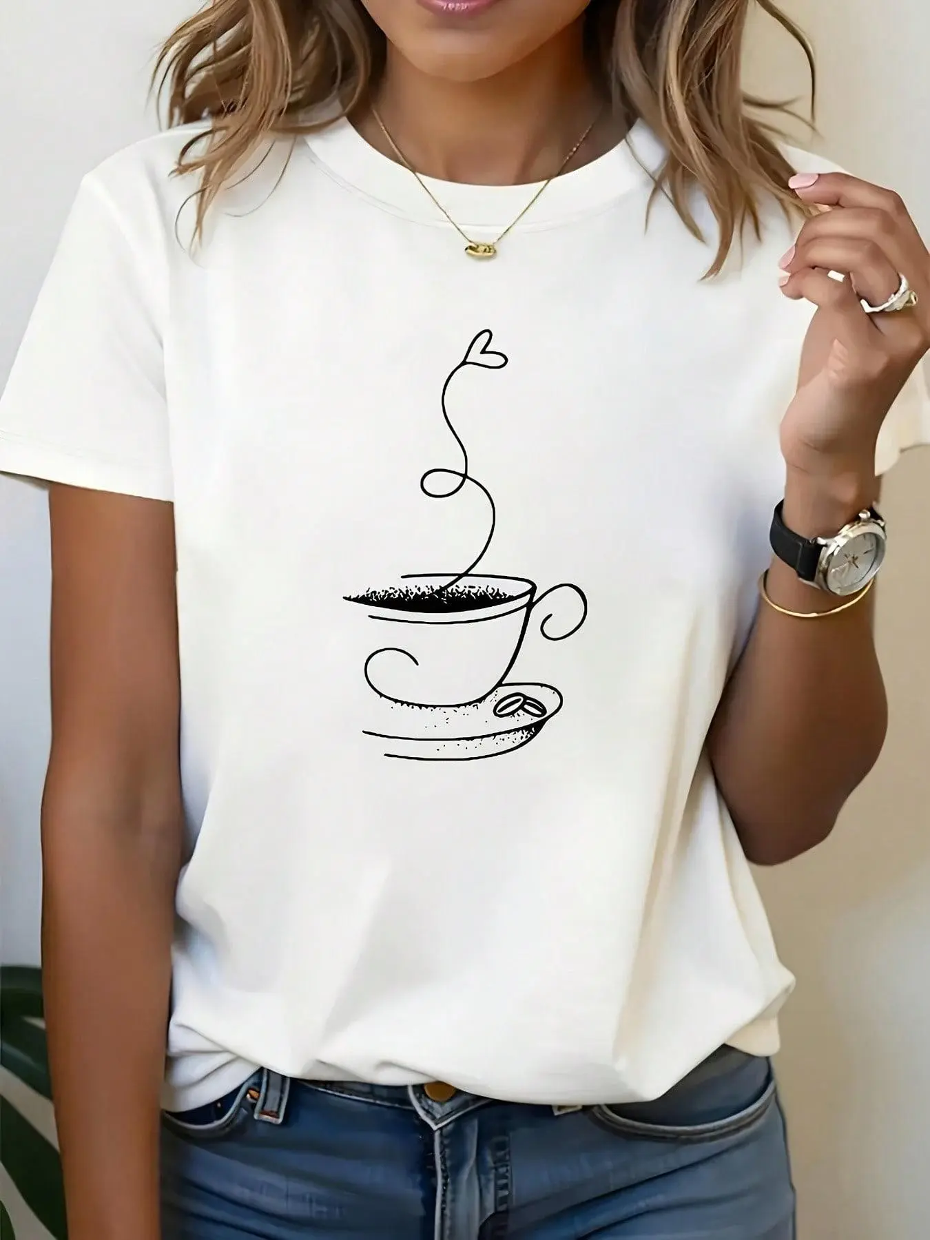 Coffee Scented Themed T-Shirt - Short Sleeve Casual Round Neck Top With Coffee Bean & Cup Print - H-Line Regular Fit Blouse For Spring Summer Fall Casual Attire (Machine Washable)